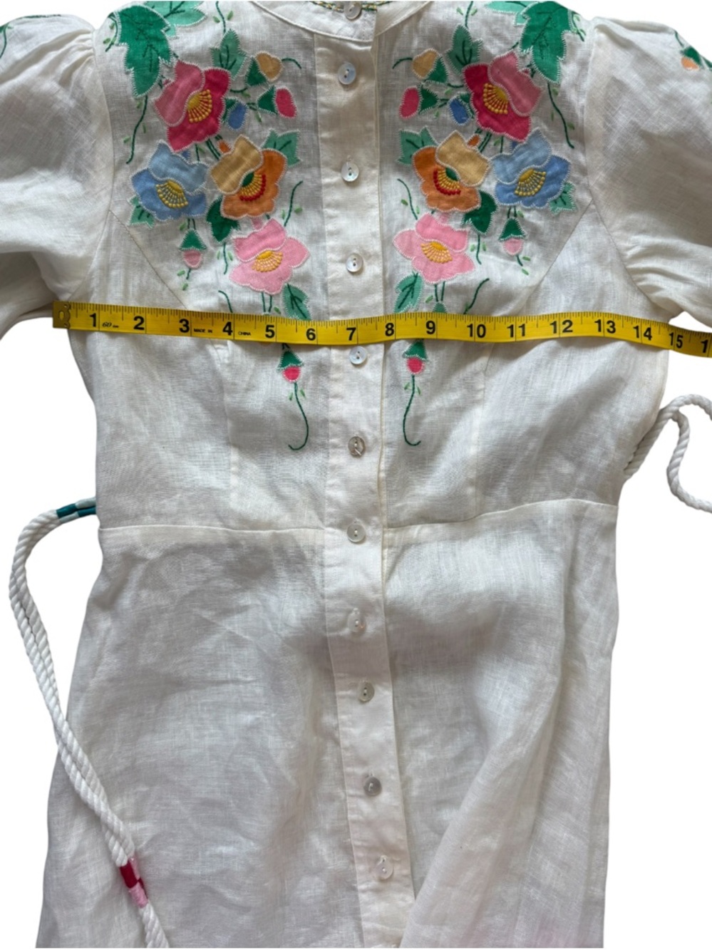 Zimmermann Floral Embroidered Linen Vyshyvanka Dress Bubble Sleeve Belted 0P - Picture 7 of 11